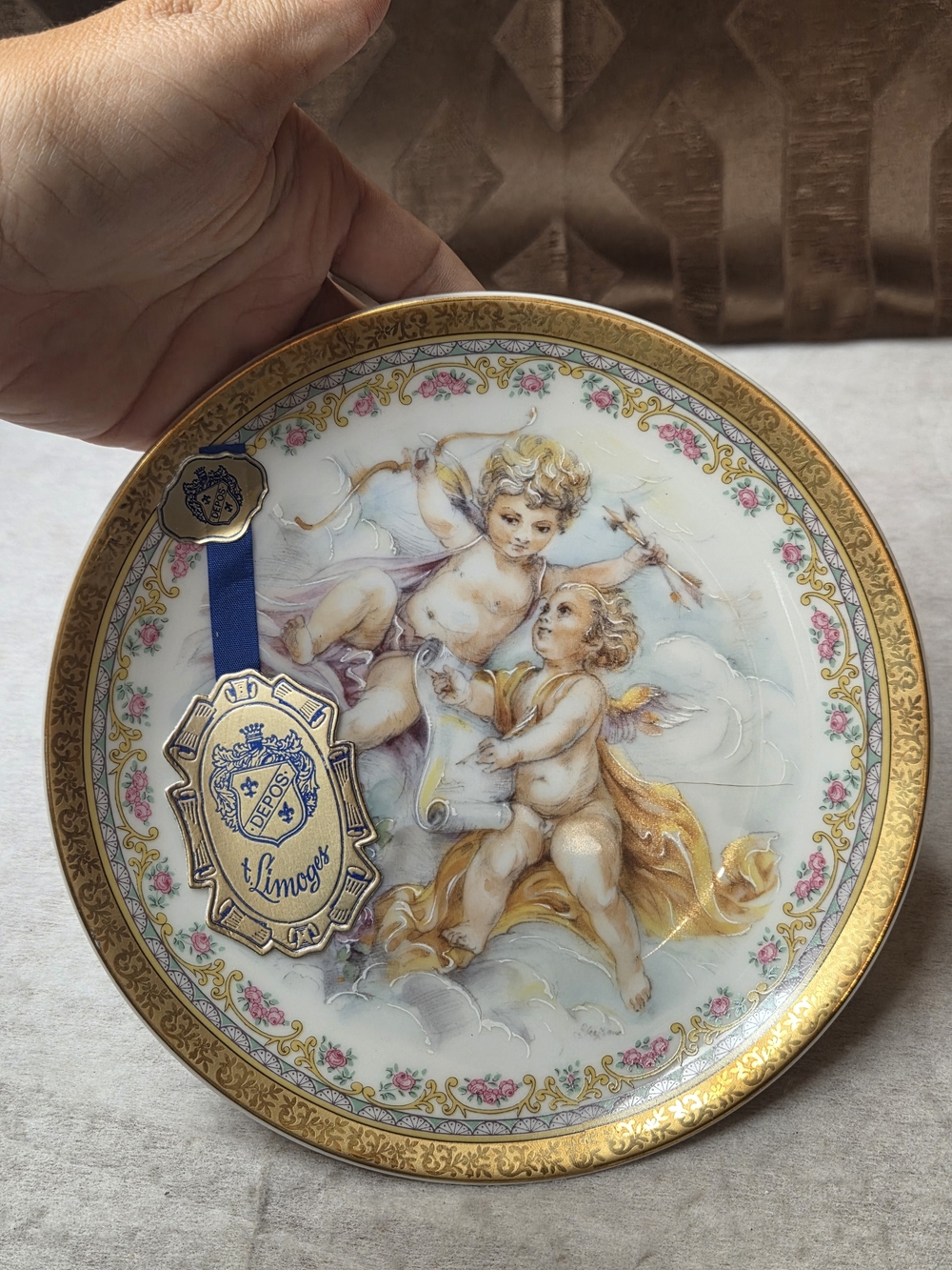 Limoges Cherubs Porcelain Plate with Gold and Pink Accents